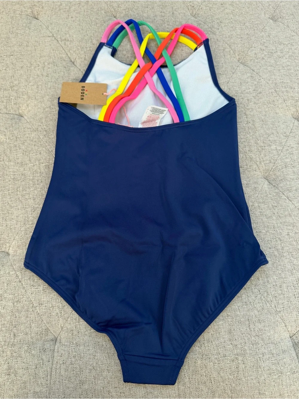 NWT MINI BODEN NAVY RAINBOW CROSS BACK ONE PIECE BATHING SUIT SIZE 9-10